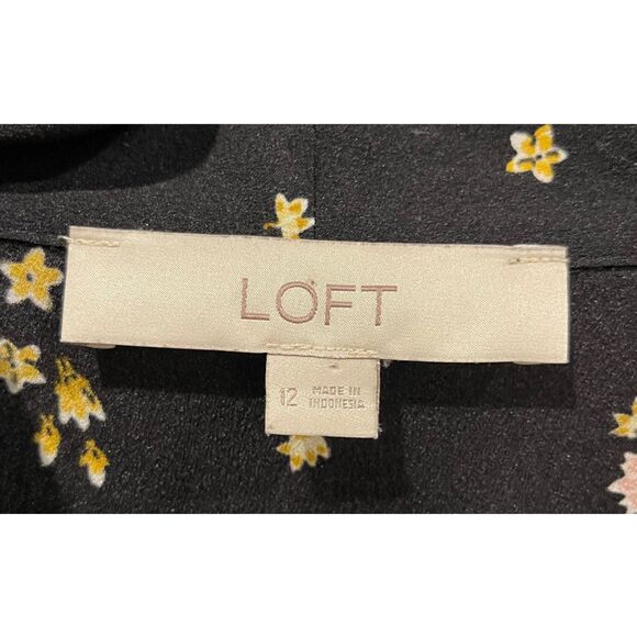 LOFT Floral Tie Neck Long Sleeves Flare Mini Black Dress - Picture 3 of 6